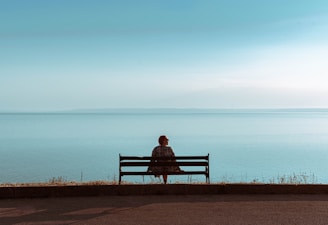 a person sitting on a bench looking at the water