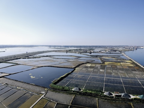 Aerial view of salt evaporation ponds located near a coastal area. The ponds form a grid-like pattern with various sections of different colors, ranging from dark blues to light browns and yellows. The horizon is clear and sky is blue with a few distant structures visible along the shoreline.