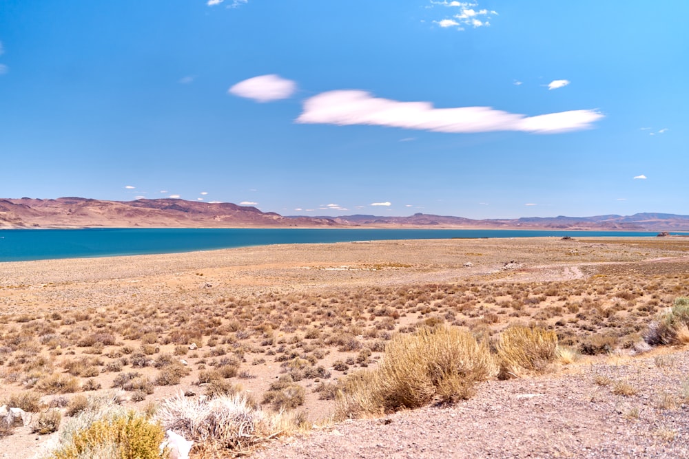 a desert landscape with a body of water in the distance