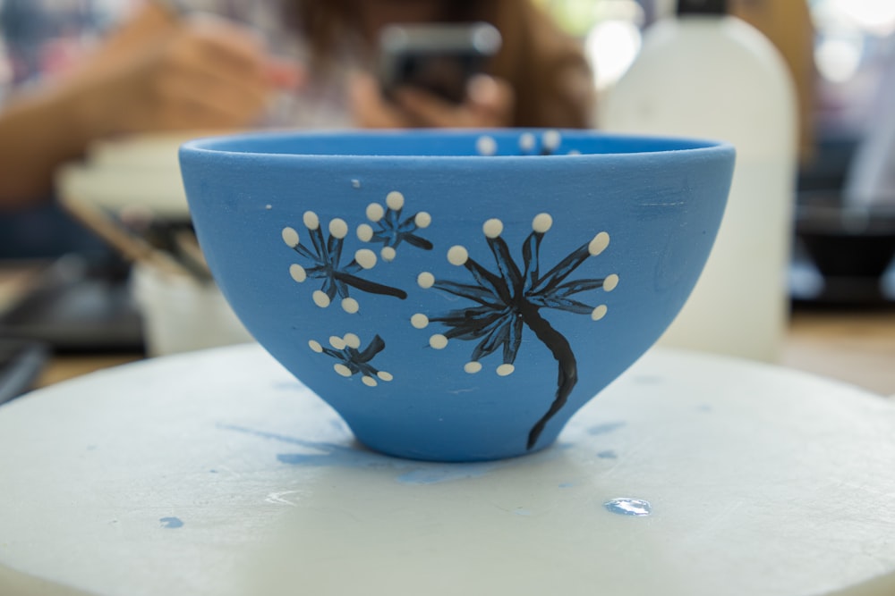 a blue and white bowl