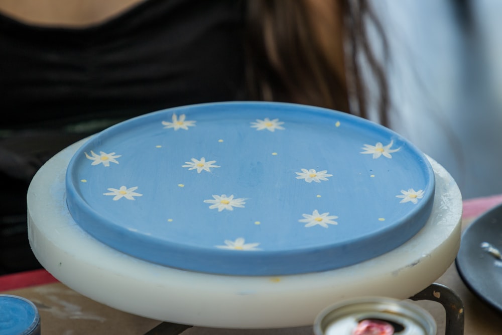 a blue bowl with white stars