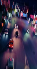 An urban street scene with vibrant colors and dynamic movement.
