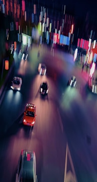 An urban street scene with vibrant colors and dynamic movement.