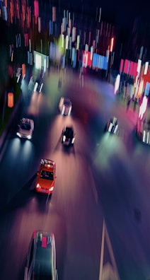 An urban street scene with vibrant colors and dynamic movement.