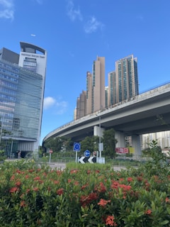 A cityscape features tall modern buildings, including one with the label 'Hutchison Telecom Tower'. A highway overpass stretches across the scene, elevated above lush greenery and vibrant red flowers in the foreground. Blue sky with scattered clouds is visible above and a small airplane can be seen in the sky.