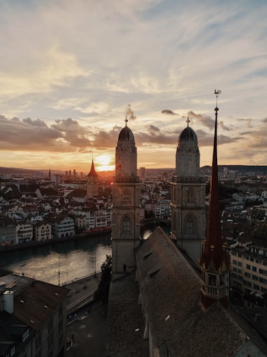 a city with a river and a bridge