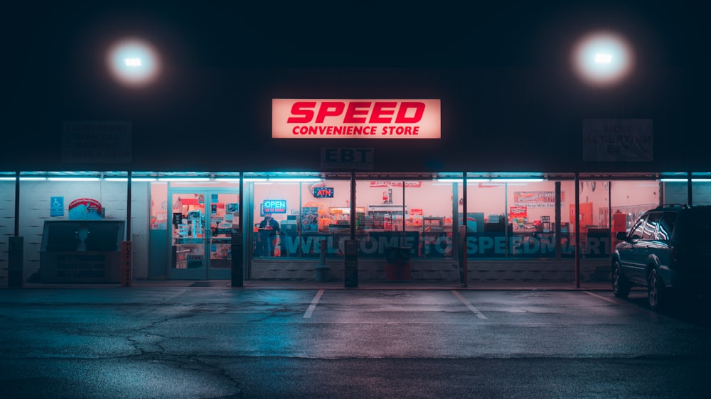 a gas station at night