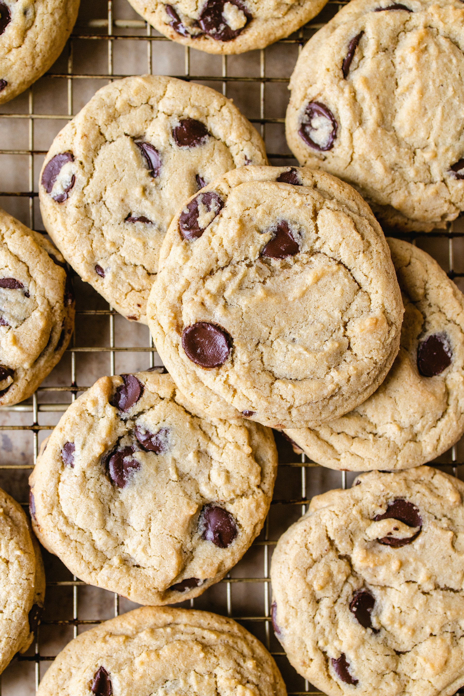 A close-up of a tray filled with freshly baked golden brown chocolate chip cookies, some with gooey melted chocolate.