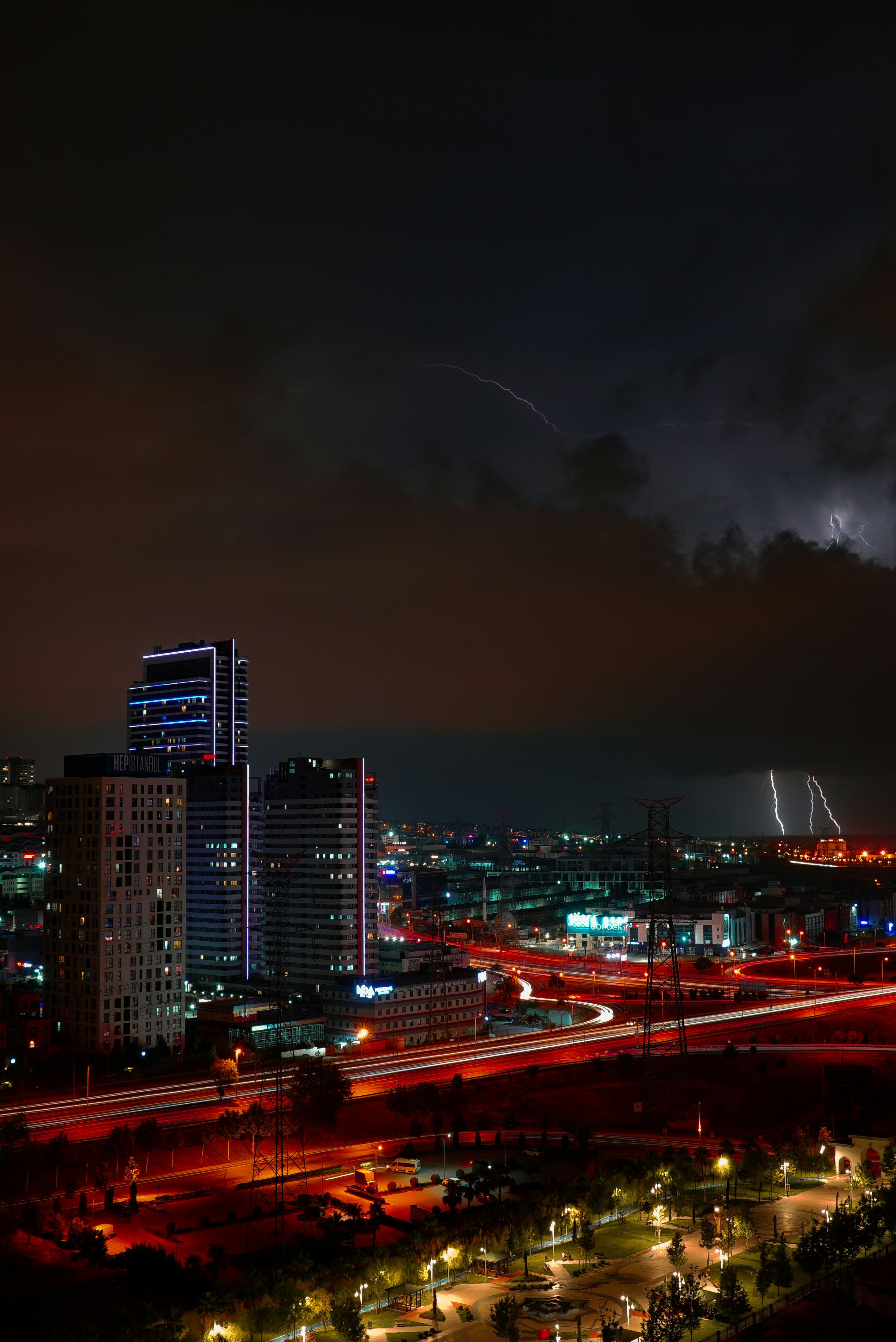 a lightning bolt striking a city
