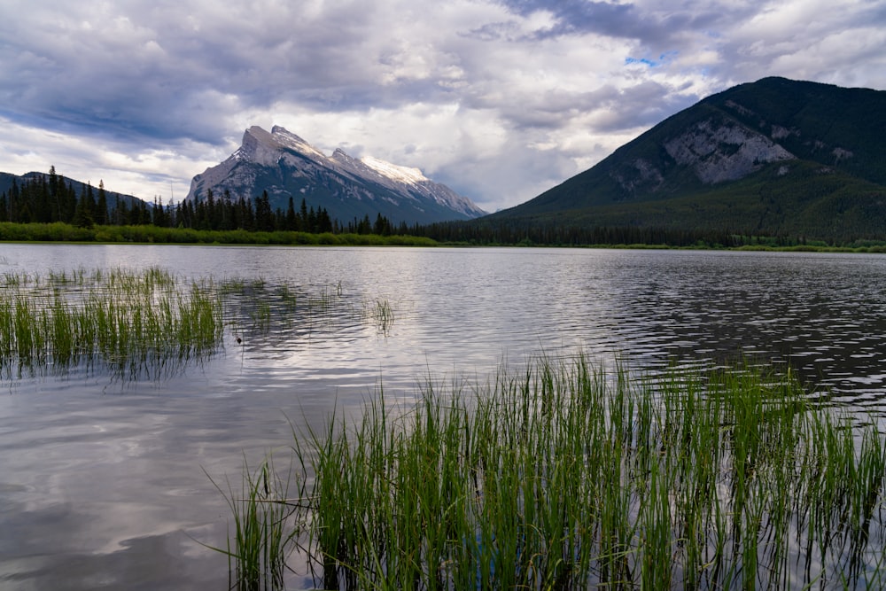 a lake with mountains in the background