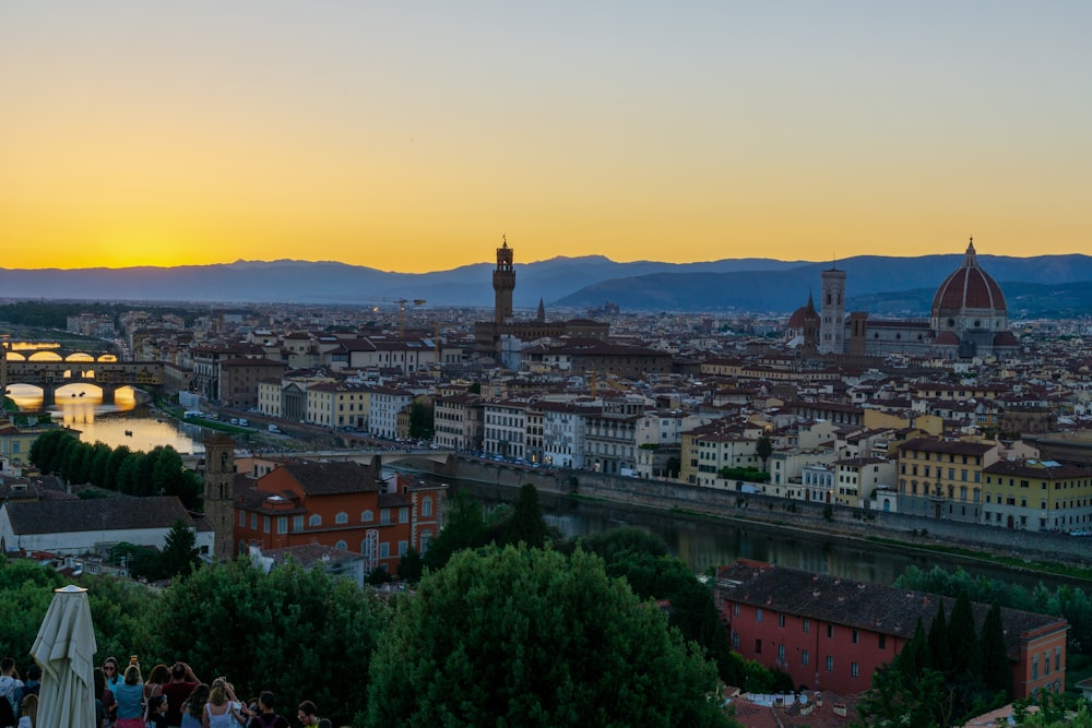 a city with a mountain in the background