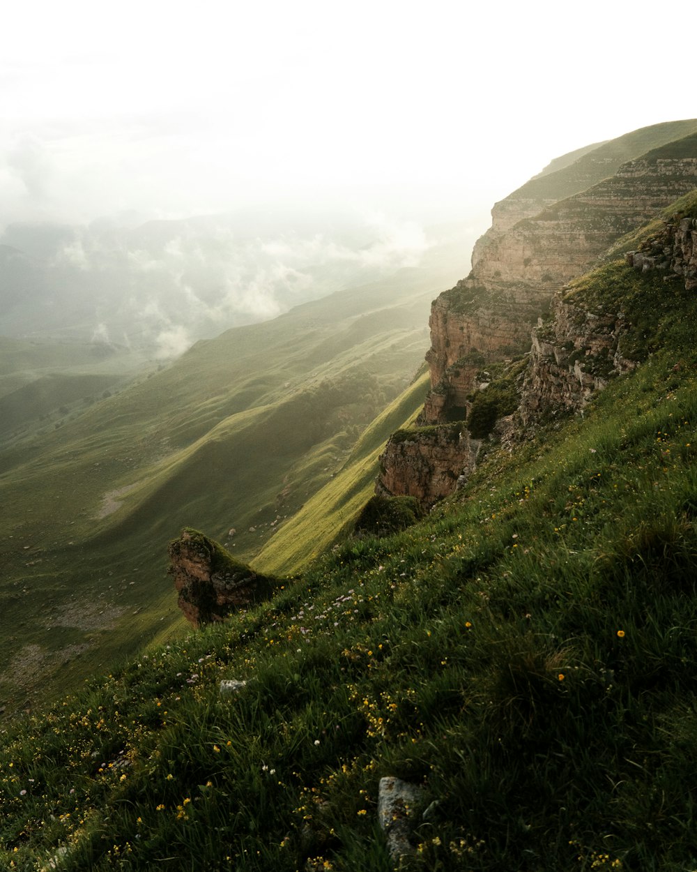 a grassy hill with a foggy sky