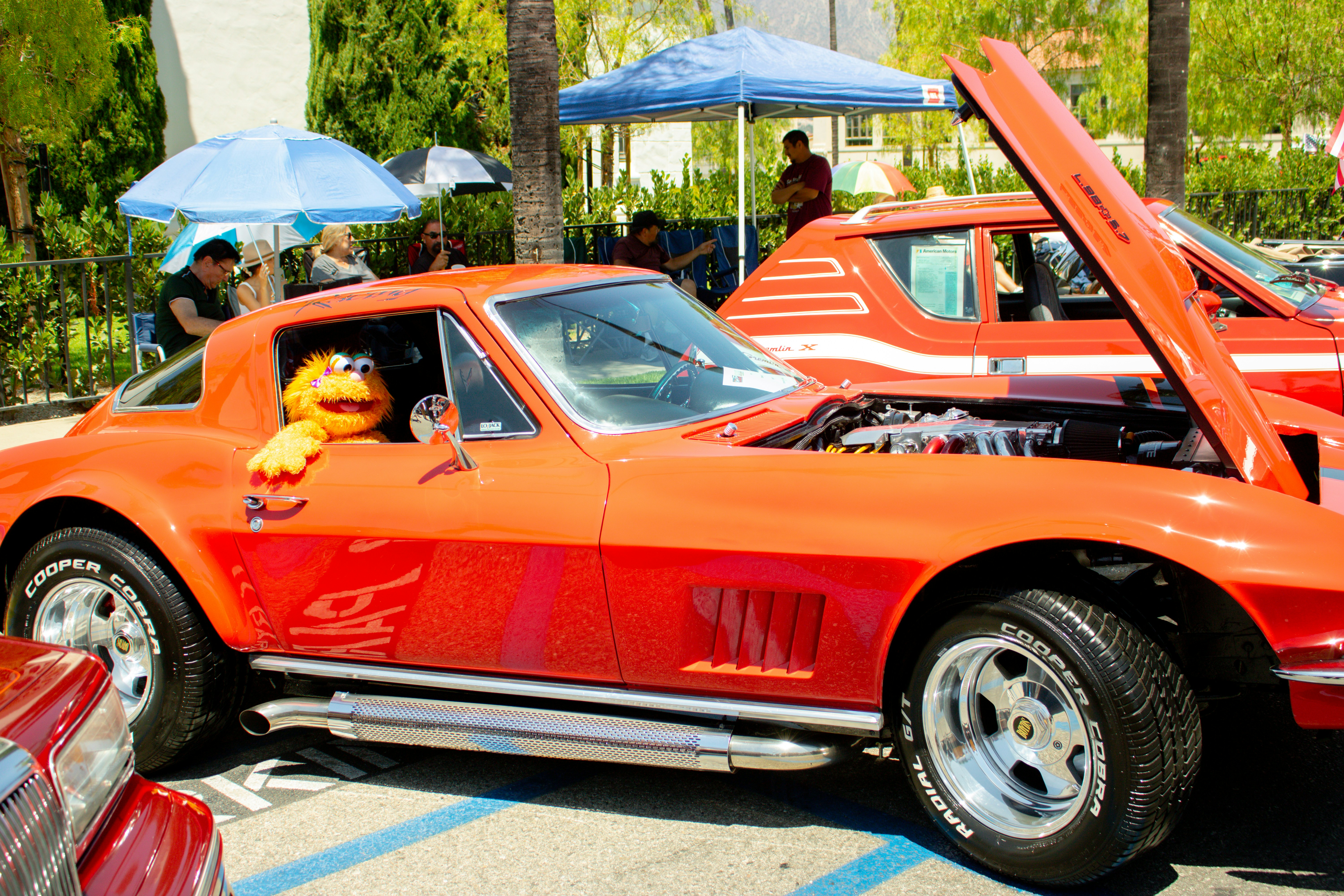 an orange car with a stuffed animal in the trunk
