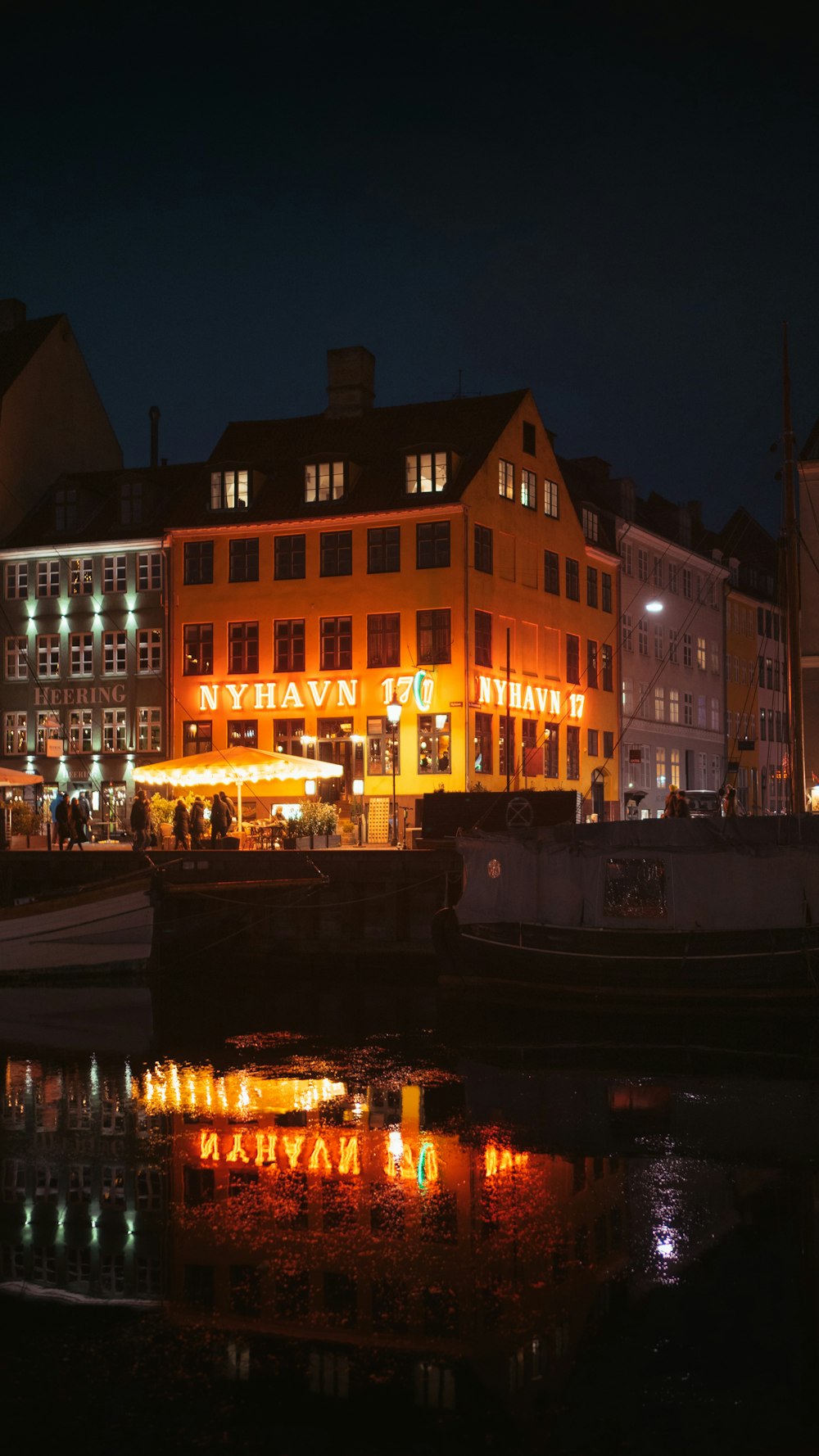 a building with lights on at night