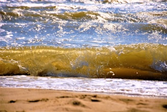 Close-up of vibrant ocean waves crashing, sprayed with golden sunlight.