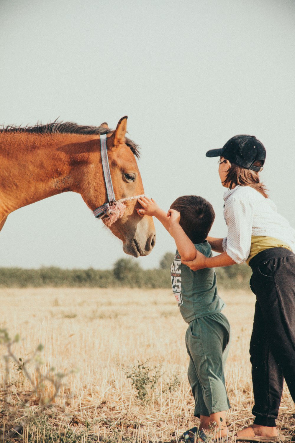 a man and a child petting a horse