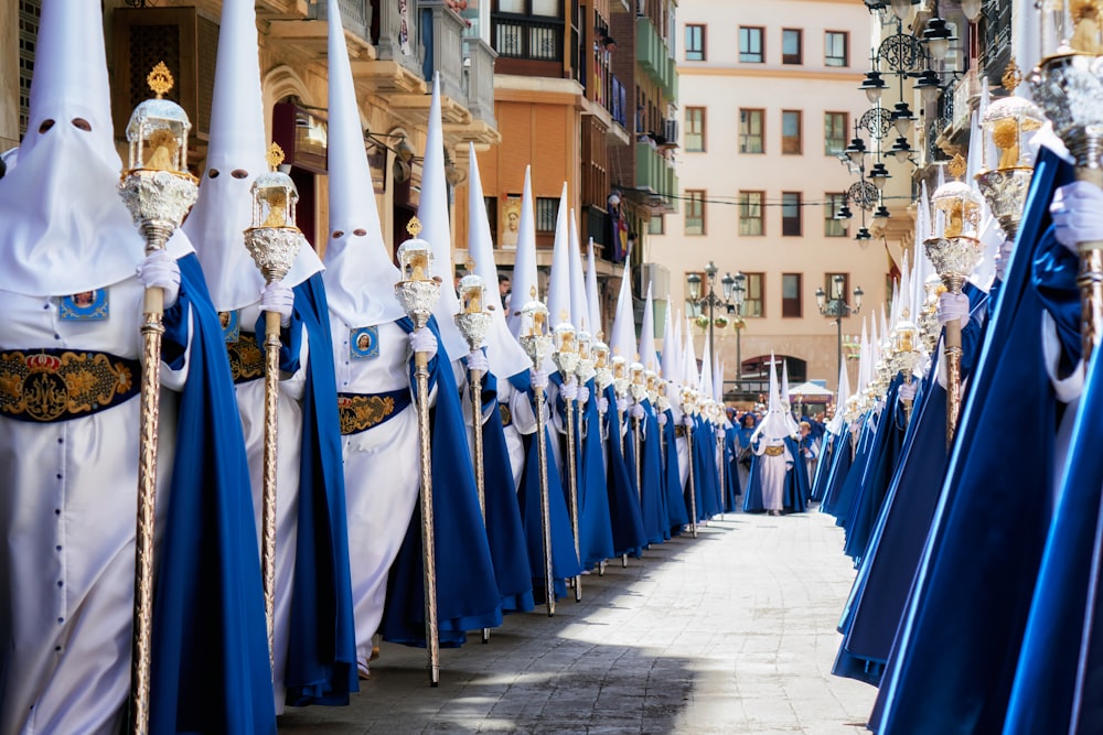 a row of blue and white dresses