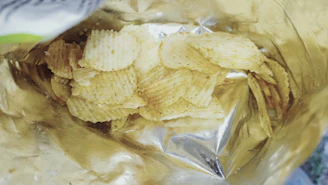 Close-up of a golden kettle-cooked potato crisp with visible seasoning crystals.