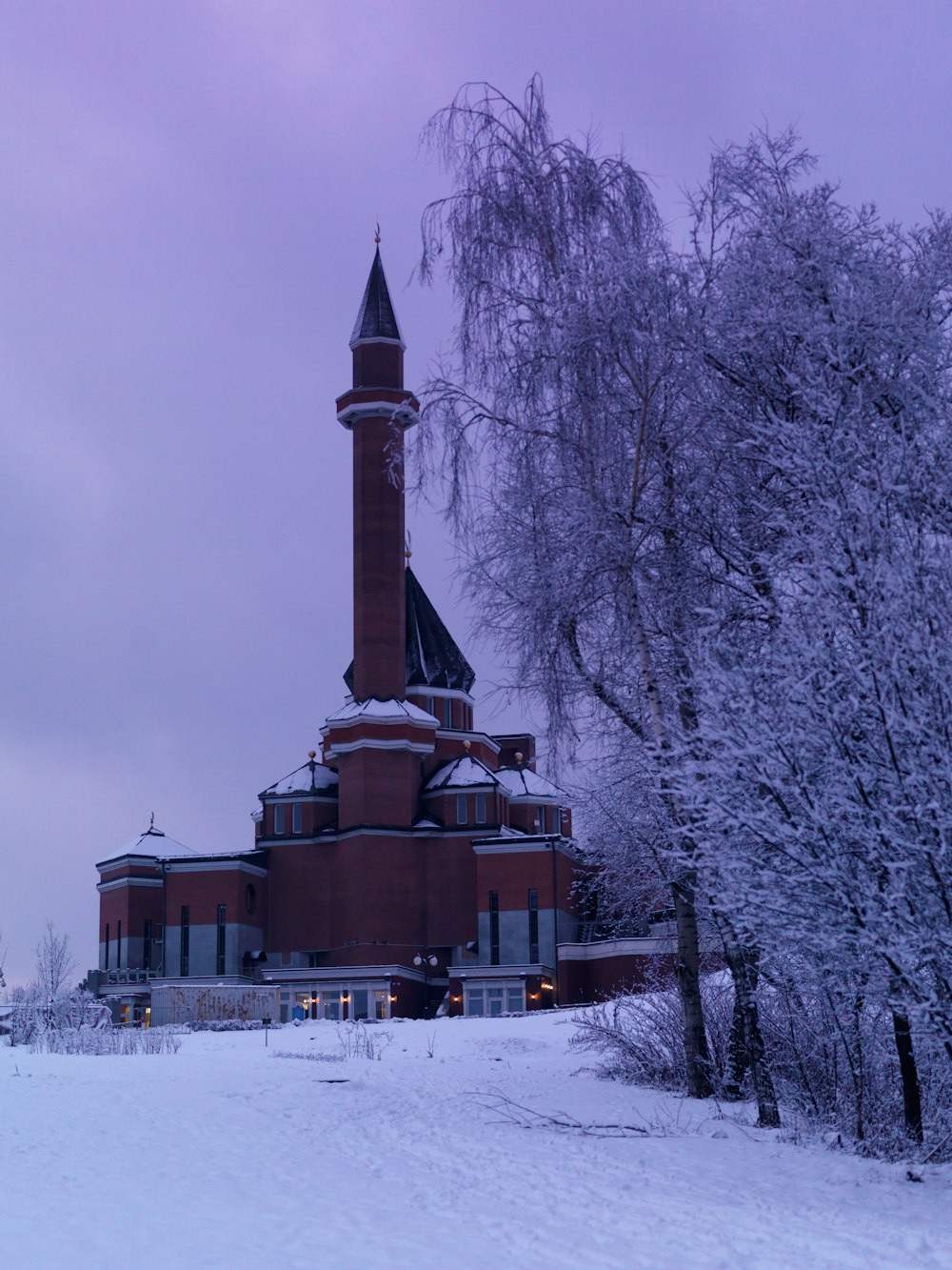 Un edificio con un campanile e alberi nella neve
