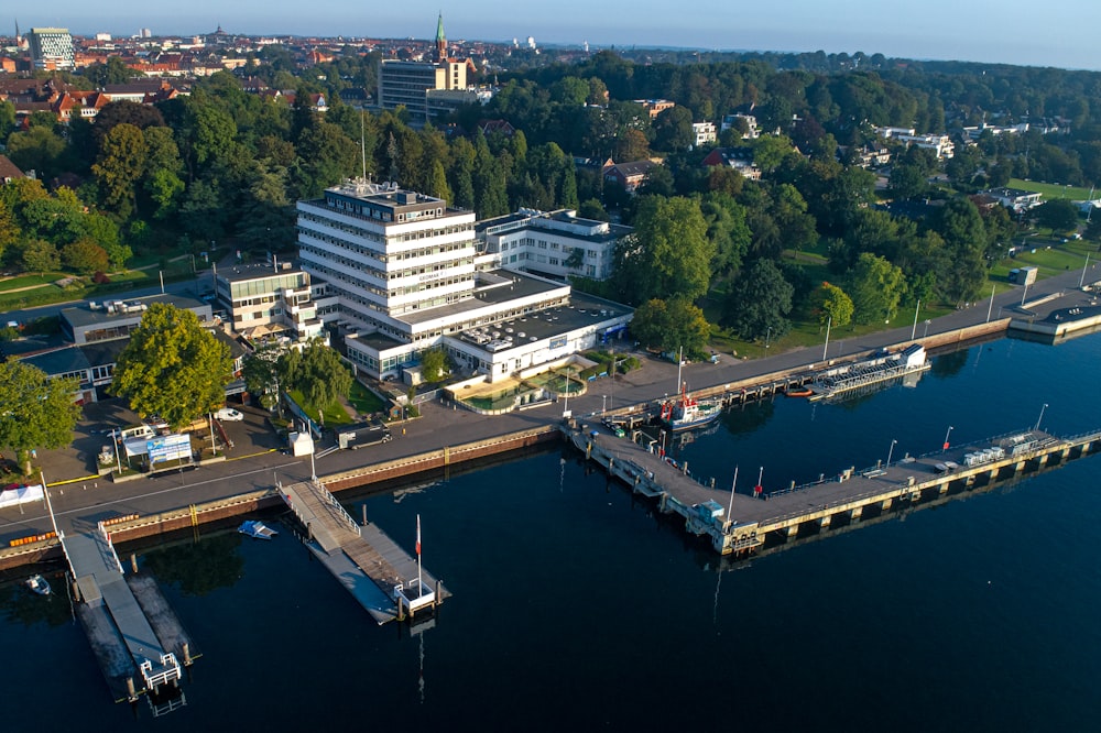 uno specchio d'acqua con edifici e alberi intorno