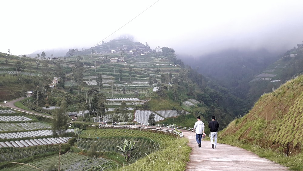 a couple people walking on a path in a hilly area