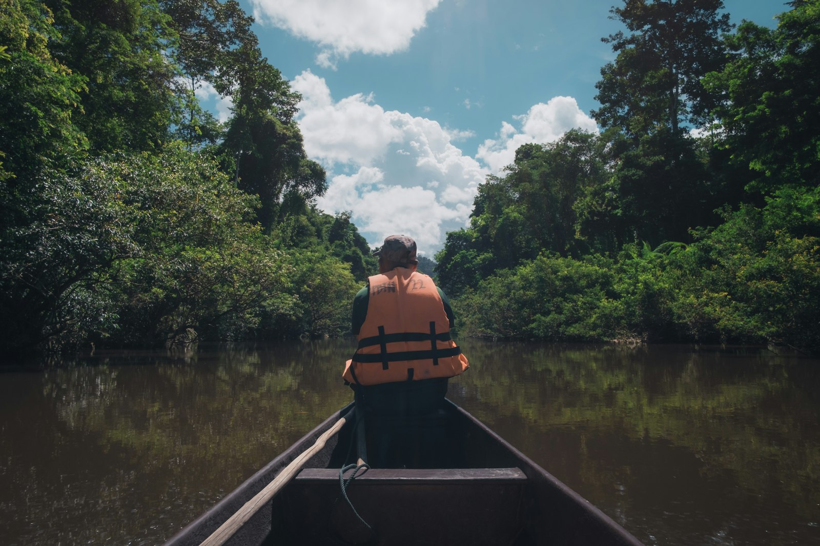Viajante a explorar um rio na selva de canoa