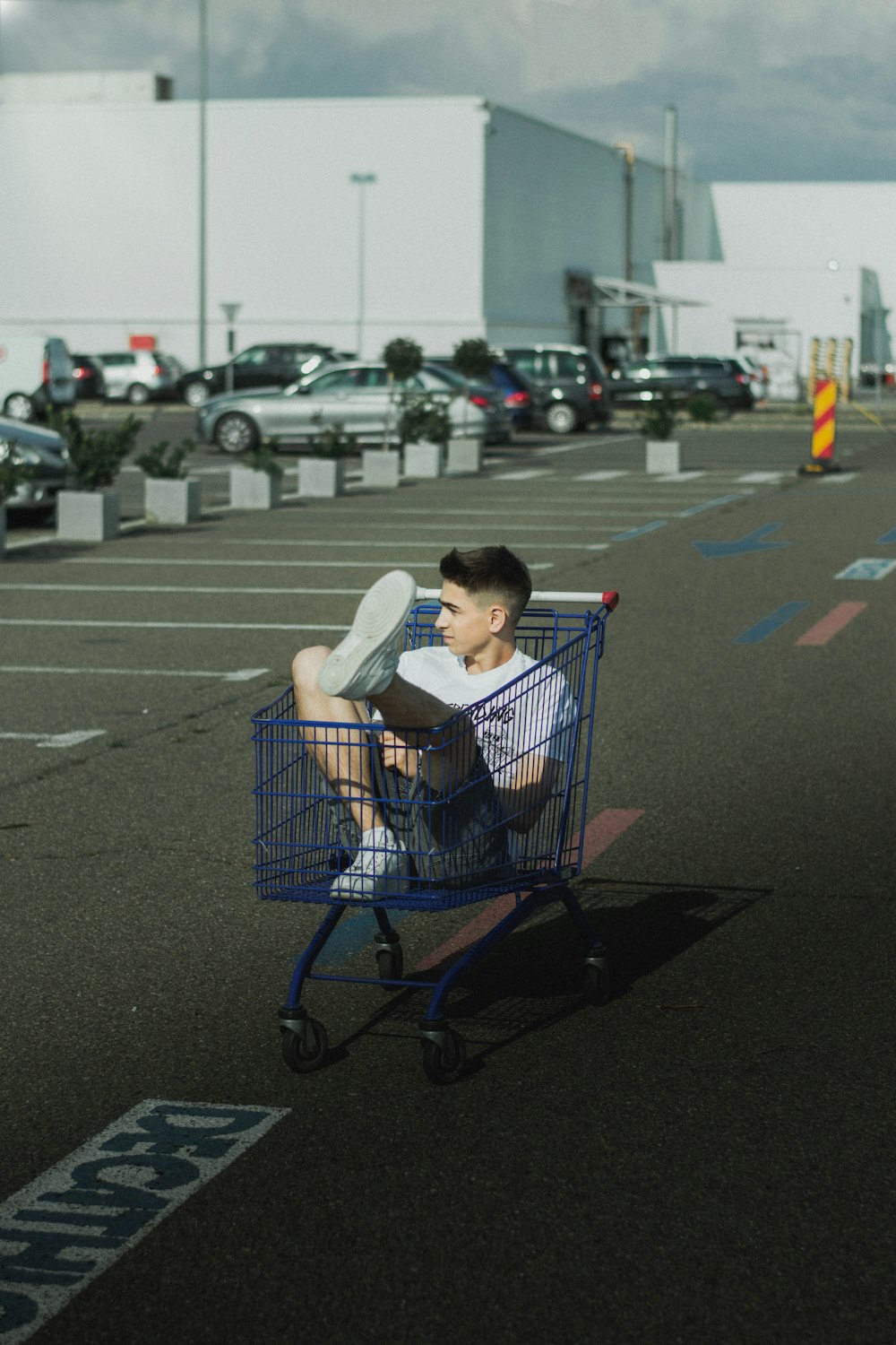 a person sitting in a shopping cart