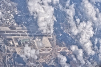 Aerial view of the proposed Great London Airport with six runways stretching over the Thames Estuary.