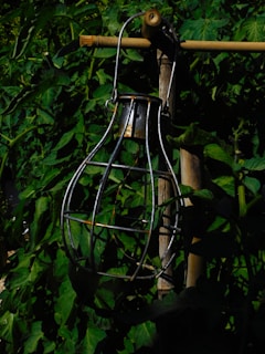 A metal lantern frame hangs on a bamboo stick amidst dense green foliage. The frame is orb-shaped, casting shadows against the leaves. The setting appears to be outdoors, likely in a garden with abundant greenery.