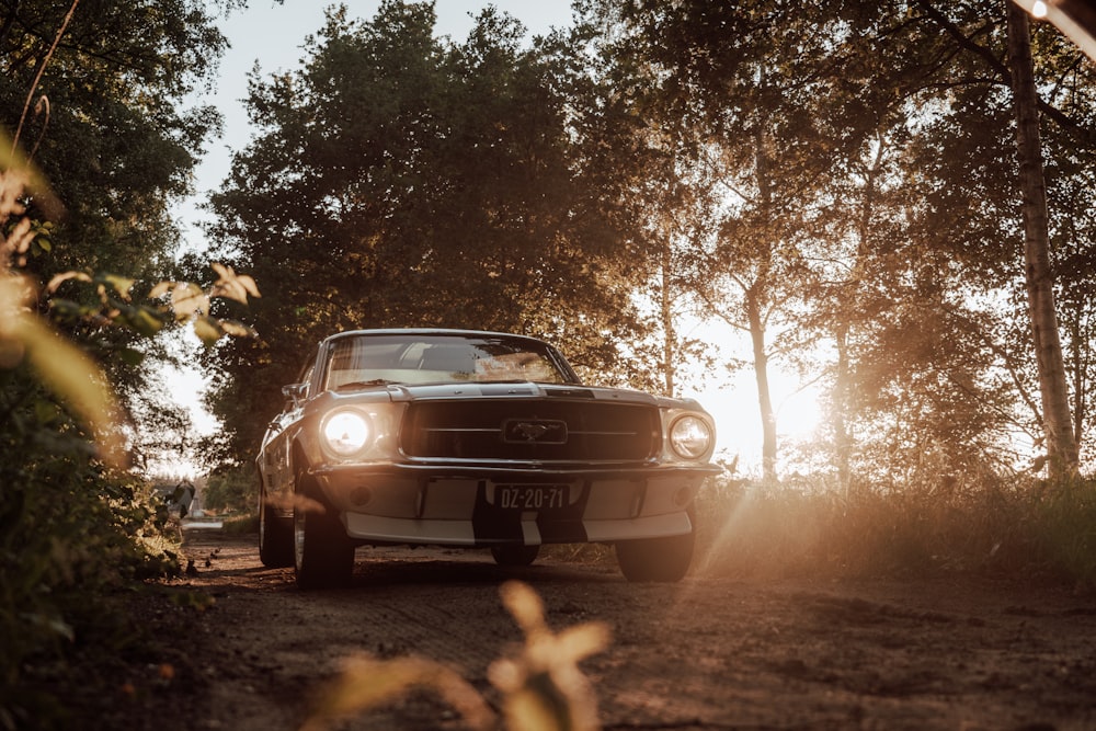 a car driving on a dirt road with trees on either side