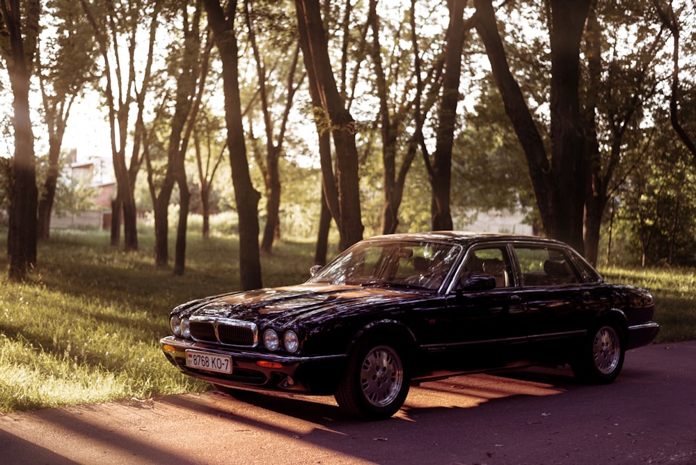 a car parked on a road with trees on the side