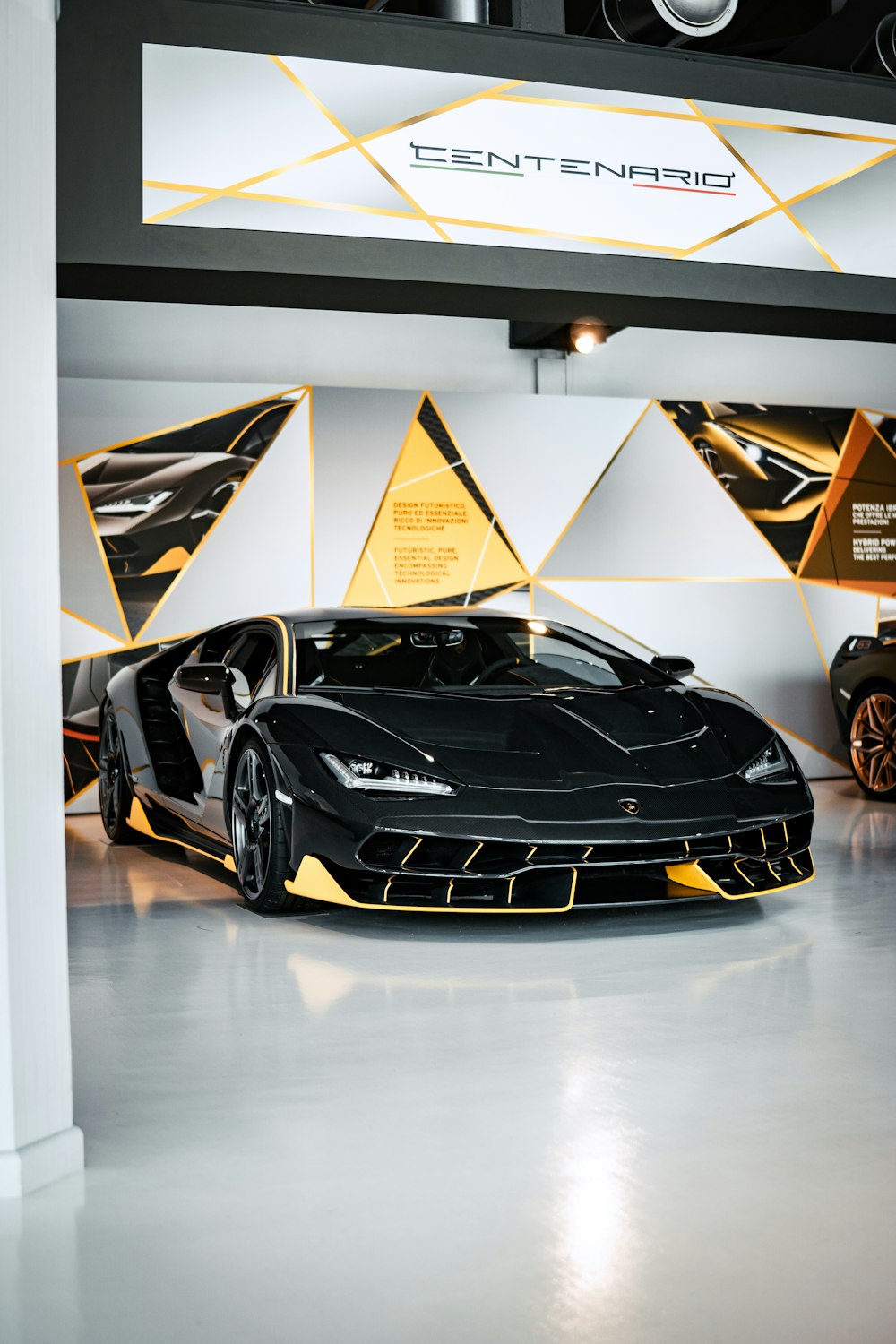 a black sports car on display