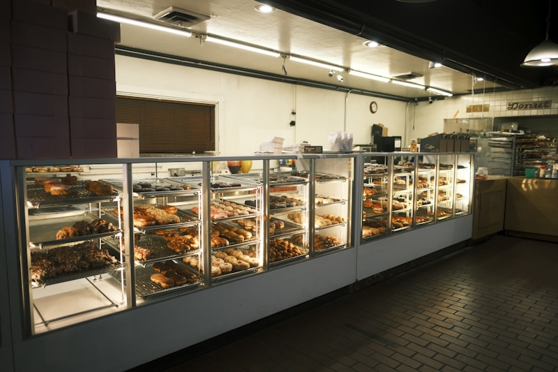 Cafe counter lined with freshly baked pastries