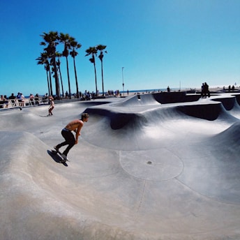 A skateboarder rides through a concrete skate park with multiple curves and ramps, while people watch in the background under a bright, clear blue sky. Tall palm trees line the perimeter of the park, adding a beach-like vibe to the scene.