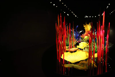 A colorful 3D printed art piece displayed against a neutral background highlighting its details.