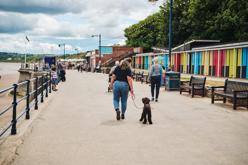 a man walking a dog on a leash