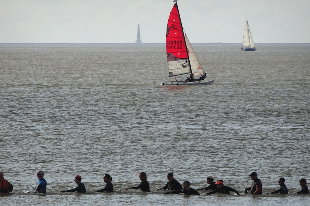 a group of people in the water