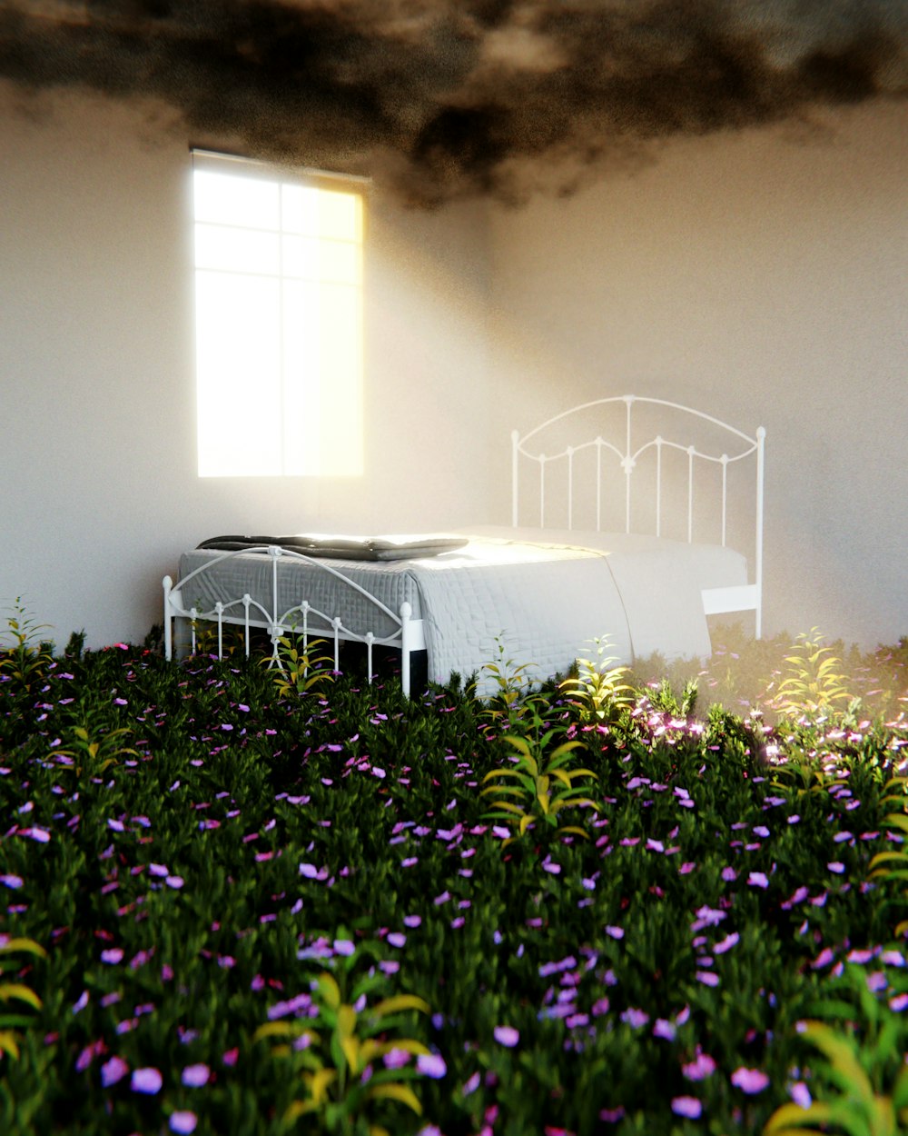 a white bed in a room with purple flowers