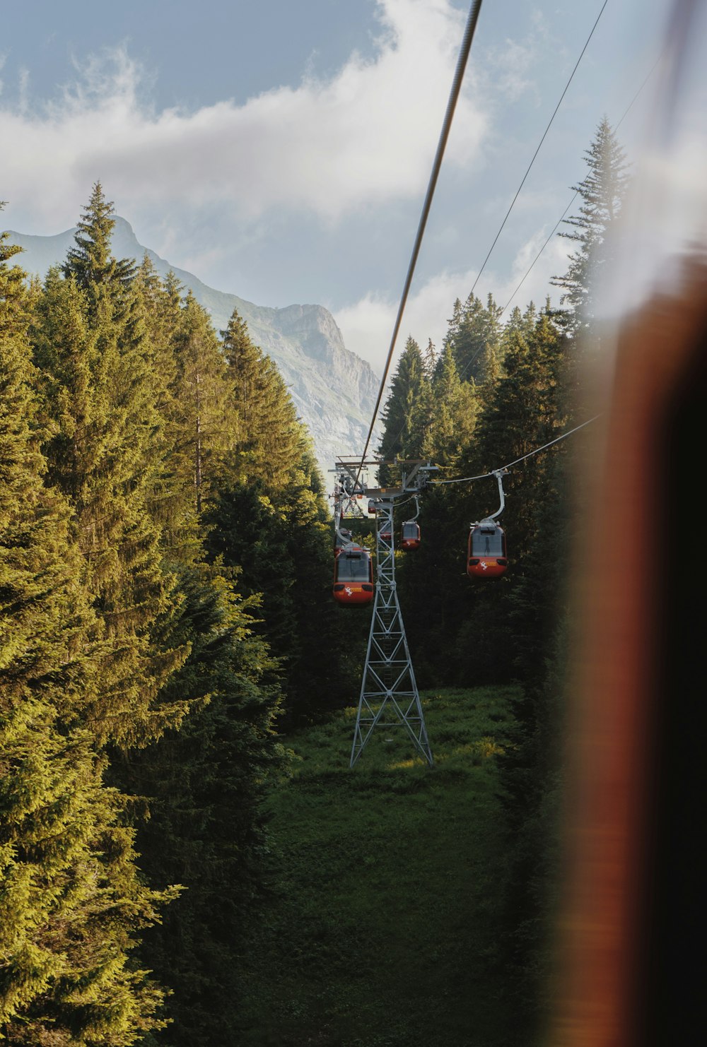 a group of cable cars going up a hill