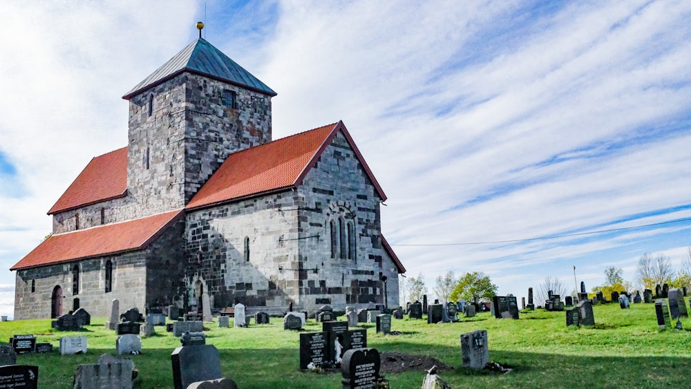 a cemetery with a church