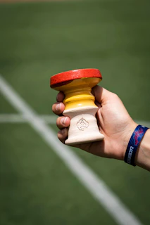 Close-up of a hand holding a journey stick made from smooth sycamore wood, decorated with vibrant, earthy textures.