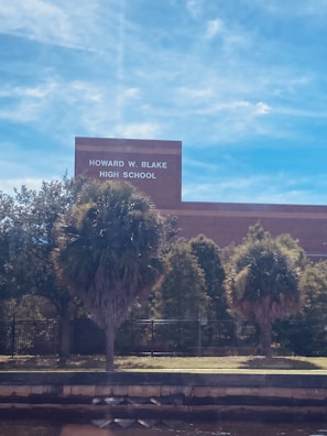 A building with the sign 'Howard W. Blake High School' is visible. The foreground has several palm trees and shrubs, with a fence running parallel to the building. The sky is clear with a few wispy clouds.