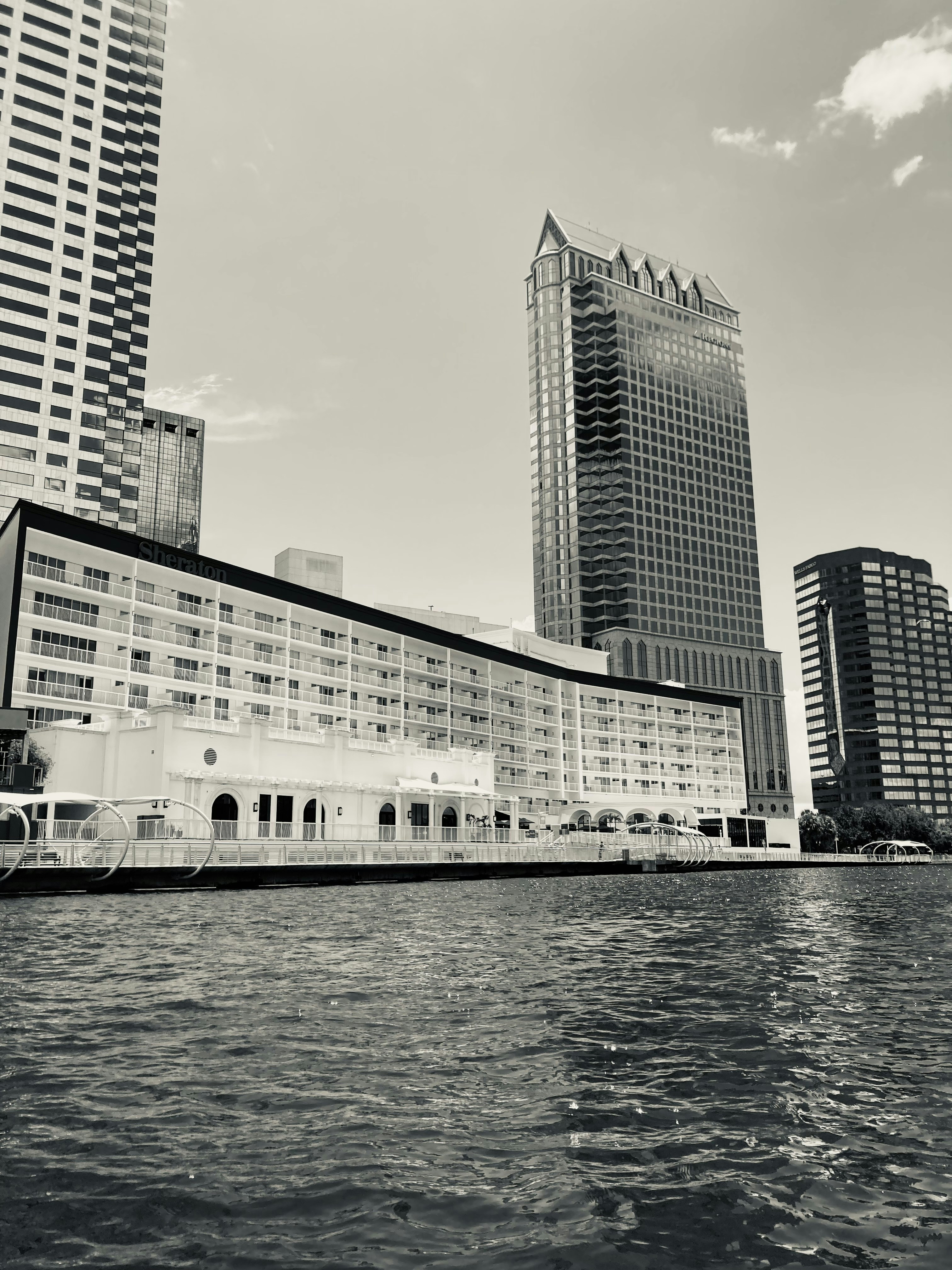 Downtown Tampa in black and white on the river