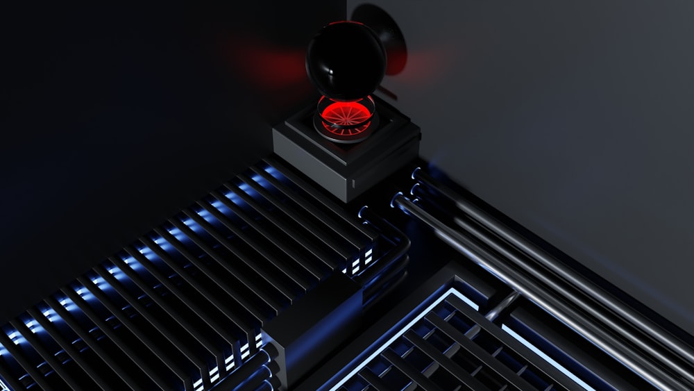 a black piano with a red light