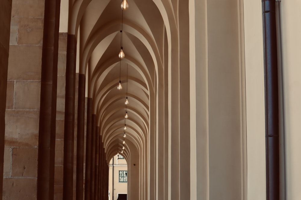 a hallway with brick walls