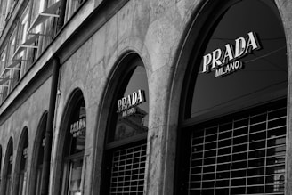 a building with windows and a sign on the side
