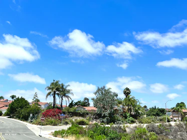 A neighborhood street with 'For Sale' signs and happy families walking nearby.