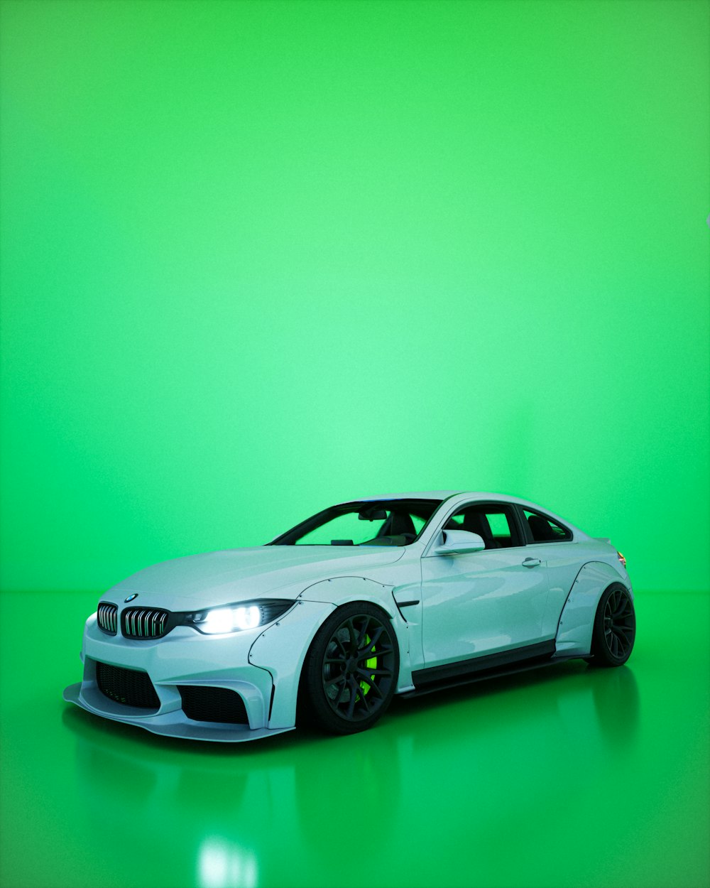 a white car with a green background