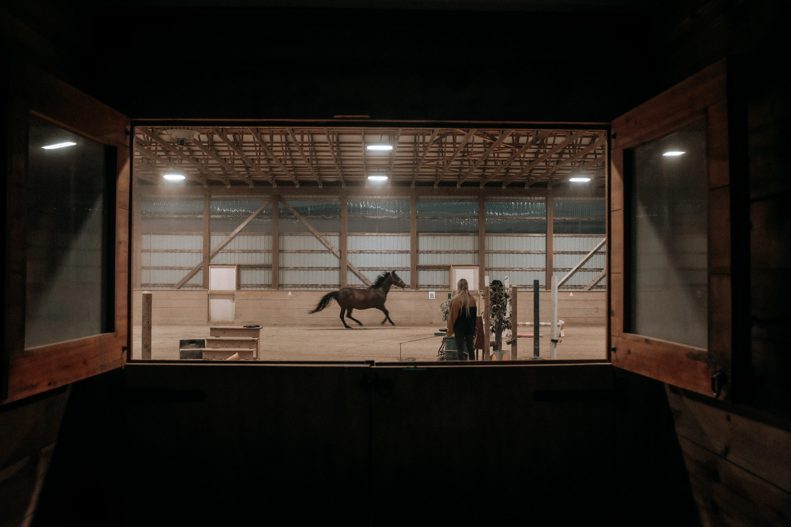 A group of people standing in a room with a horse statue
