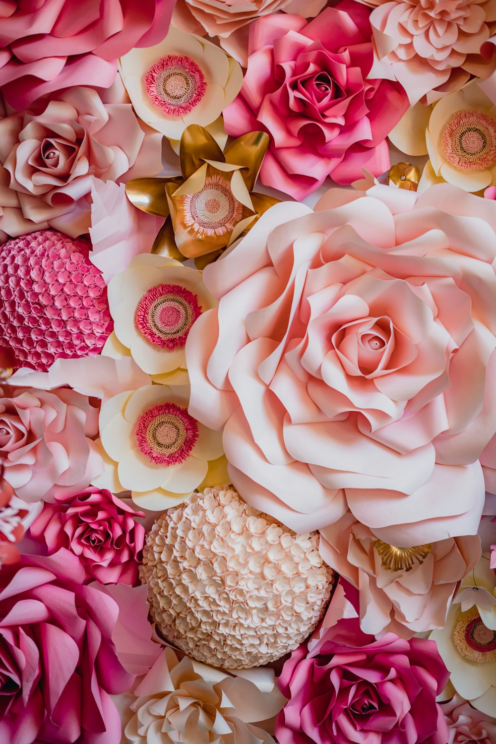 a group of pink and yellow flowers